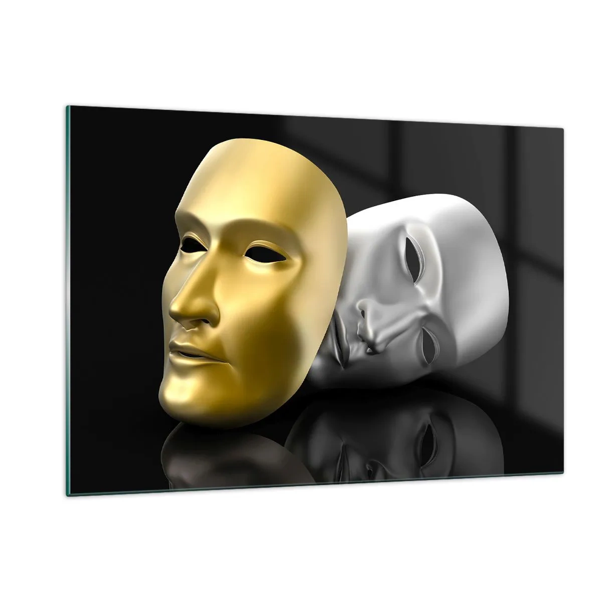 Glasbild - Bild auf glas - Gold- und Silbermaske auf schwarzem Hintergrund - 120x80cm - Das Leben ist wie ein Theater - Moderne Wanddekoration für Wohnzimmer und Schlafzimmer ARTTOR