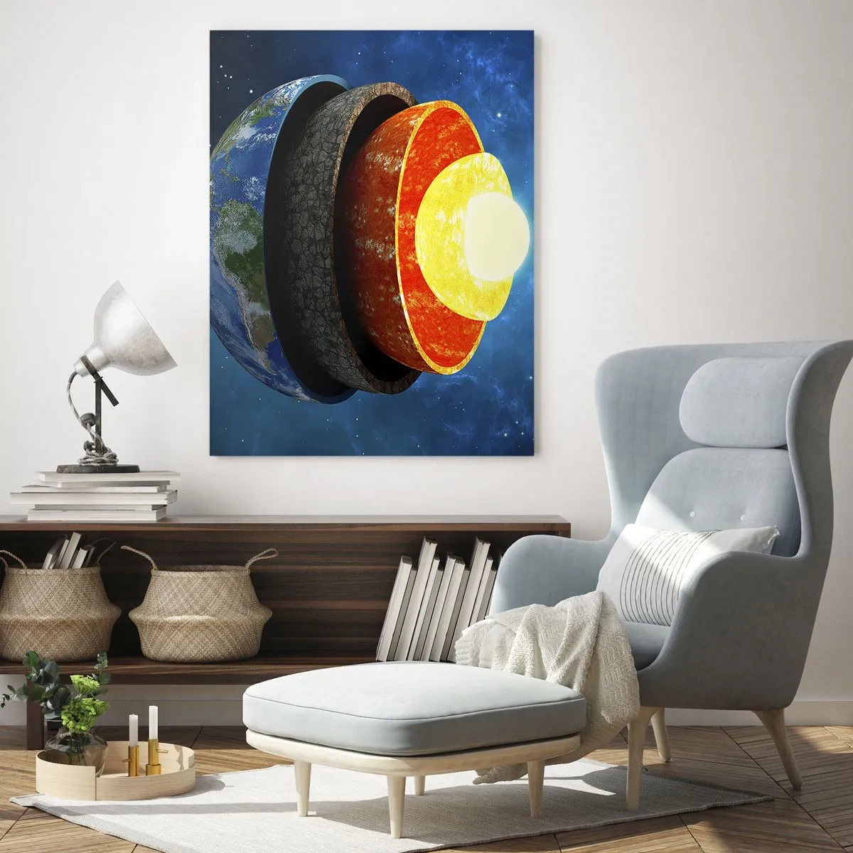 Glasbild - Bild auf glas - Ein Querschnitt der Erde, der ihre Schichten im Weltraum zeigt. - 70x100cm - Reise zum Mittelpunkt der Erde - Moderne Wanddekoration für Wohnzimmer und Schlafzimmer ARTTOR