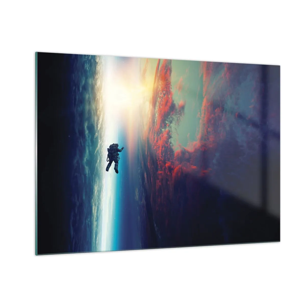 Glasbild - Bild auf glas - Ein Astronaut, der durch den Weltraum in Richtung Licht treibt - 100x70cm - Sich dem Universum stellen - Moderne Wanddekoration für Wohnzimmer und Schlafzimmer ARTTOR