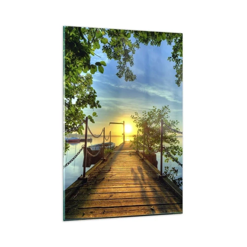 Glasbild - Bild auf glas - Ein Pier über dem See in den Strahlen des Sonnenuntergangs - 80x120cm - Westen auf dem Wasser - Moderne Wanddekoration für Wohnzimmer und Schlafzimmer ARTTOR