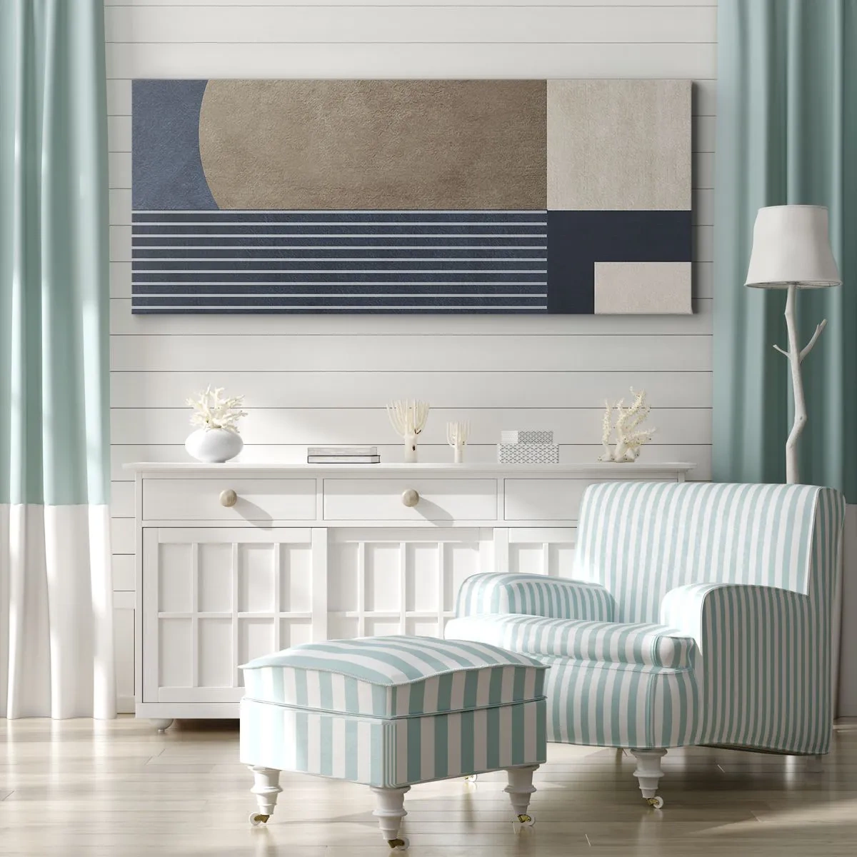 Bild auf Leinwand - Leinwandbild - Geometrische Figuren in Beige- und Marineblautönen mit Linien - 140x50cm - Komposition aus Einfachheit und Rundheit - Moderne Wanddekoration für Wohnzimmer und Schlafzimmer ARTTOR