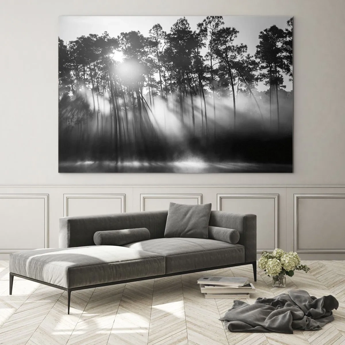 Glasbild - Bild auf glas - Schwarze und weiße Bäume in einem Wald mit Sonnenstrahlen im Dunst - 70x50cm - Unaufhaltsame Sonne - Moderne Wanddekoration für Wohnzimmer und Schlafzimmer ARTTOR