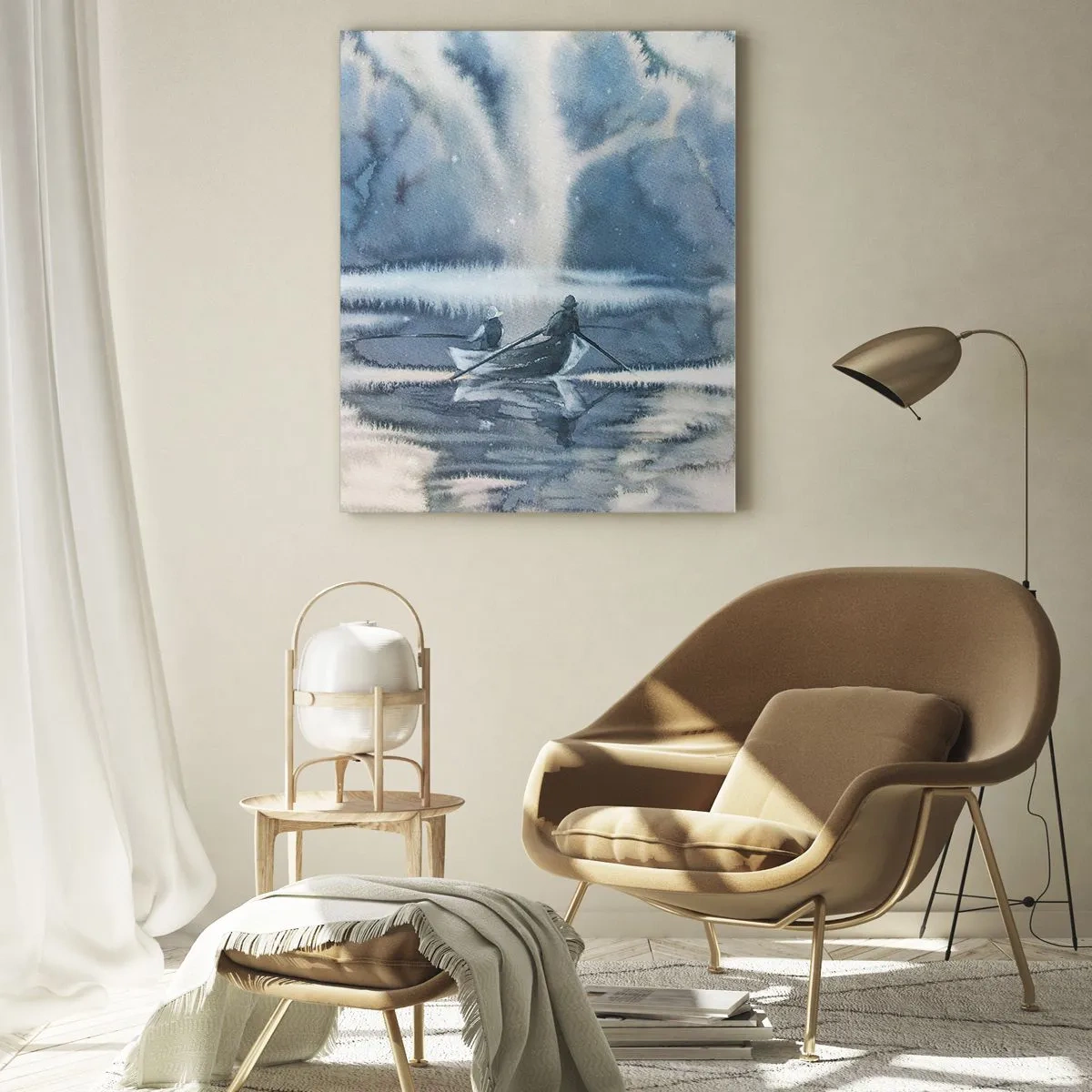 Glasbild - Bild auf glas - Zwei Fischer auf einem Boot, umgeben von einer nebligen Landschaft - 50x70cm - Angler in ihrem Paradies - Moderne Wanddekoration für Wohnzimmer und Schlafzimmer ARTTOR