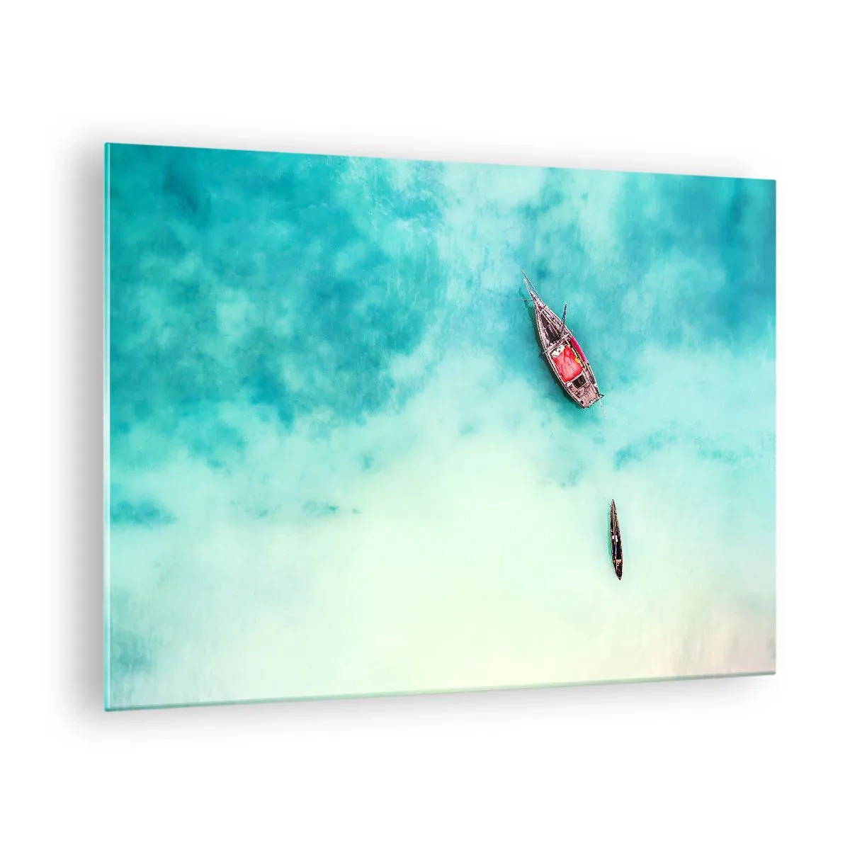 Glasbild - Bild auf glas - Boote auf azurblauem Wasser in friedlicher Umgebung - 70x50cm - Denn an den Stränden von Sansibar, wenn der Wasserüberschuss ... - Moderne Wanddekoration für Wohnzimmer und Schlafzimmer ARTTOR