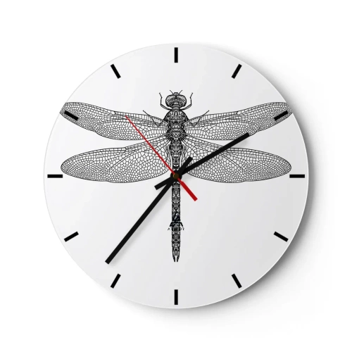 Wanduhr - Glasuhr - Detaillierte Darstellung einer Libelle in schwarz auf weißem Hintergrund - 30x30cm - Präzision der Natur - Moderne Wanddekoration für Wohnzimmer, Küche und Schlafzimmer ARTTOR