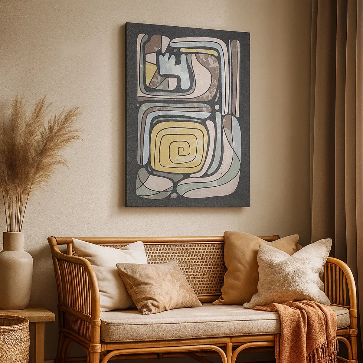 Bild auf Leinwand - Leinwandbild - Präkolumbianische Muster in Pastellfarben auf dunklem Hintergrund - 50x70cm - Abstraktion im präkolumbianischen Geist - Moderne Wanddekoration für Wohnzimmer und Schlafzimmer ARTTOR