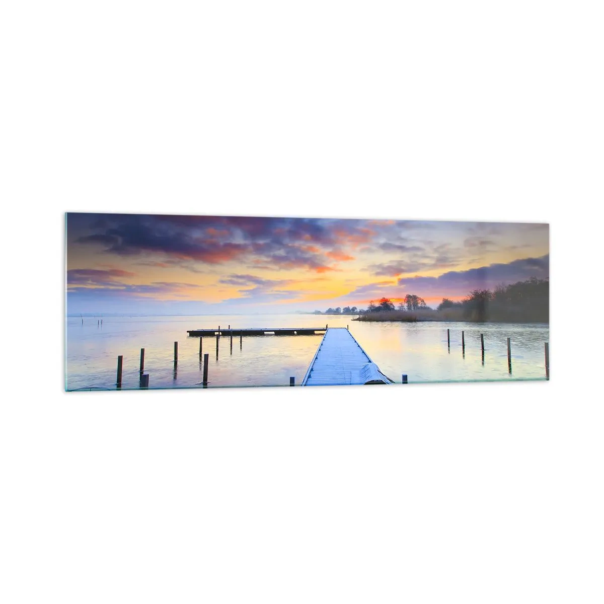 Glasbild - Bild auf glas - Ein Seesteg bei Sonnenuntergang mit einem Boot am Ufer - 160x50cm - Violett-goldene Ruhe - Moderne Wanddekoration für Wohnzimmer und Schlafzimmer ARTTOR