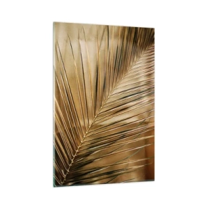 Glasbild - Bild auf glas - Goldenes Palmblatt auf einem einfarbigen Hintergrund - 80x120cm - Natürliche Kolonnade - Moderne Wanddekoration für Wohnzimmer und Schlafzimmer ARTTOR