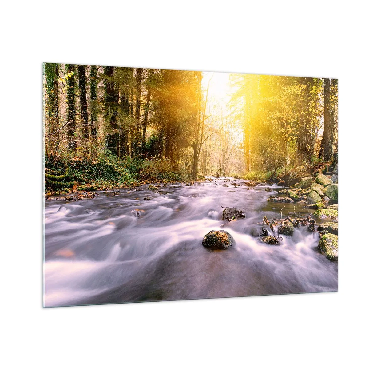 Glasbild - Bild auf glas - Waldbach im Sonnenlicht - 100x70cm - Malachit im Silber- und Goldrahmen - Moderne Wanddekoration für Wohnzimmer und Schlafzimmer ARTTOR