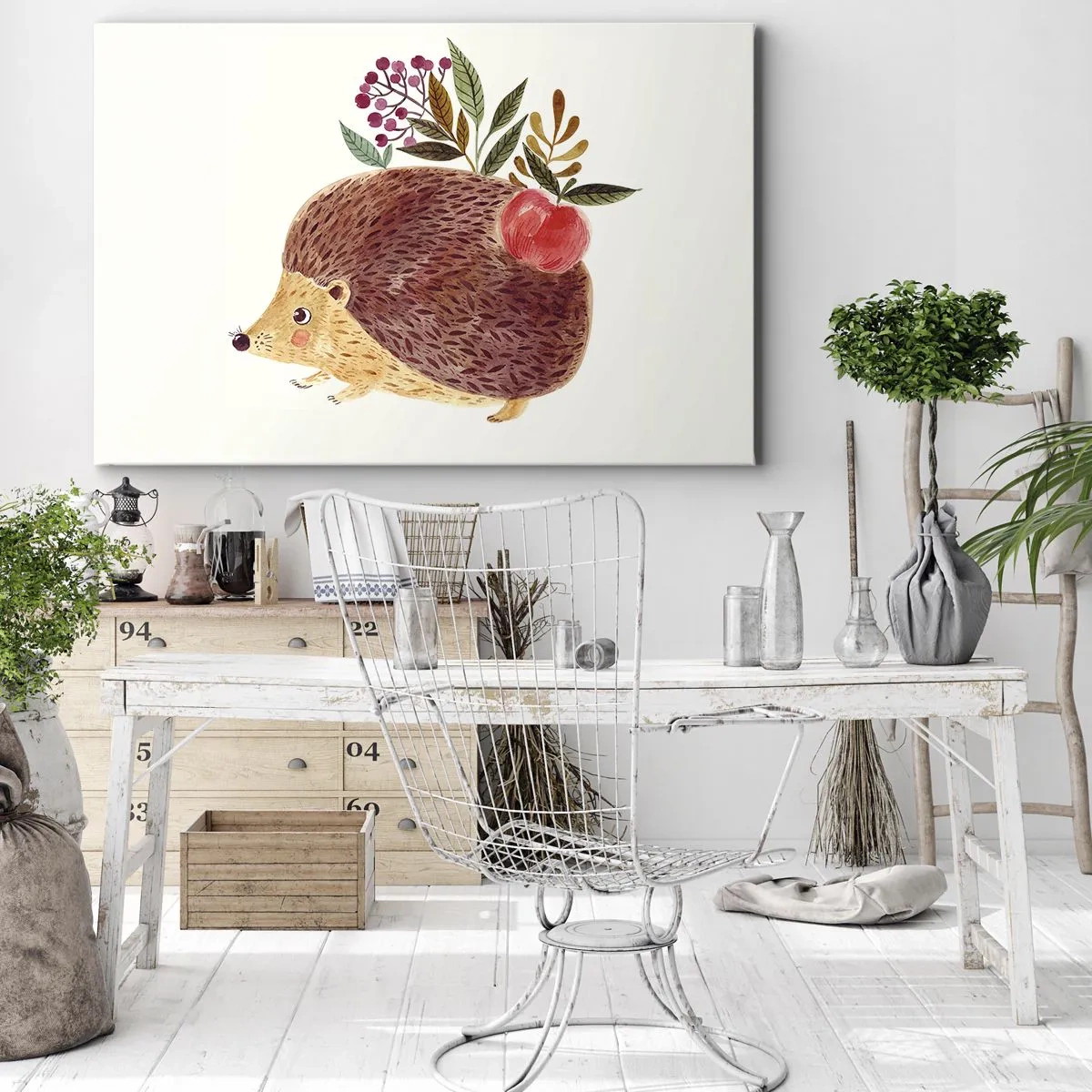 Bild auf Leinwand - Leinwandbild - Ein süßer Igel mit einem Apfel und Pflanzen im illustrativen Stil - 70x50cm - Und dann magst du mich schon - Moderne Wanddekoration für Wohnzimmer und Schlafzimmer ARTTOR