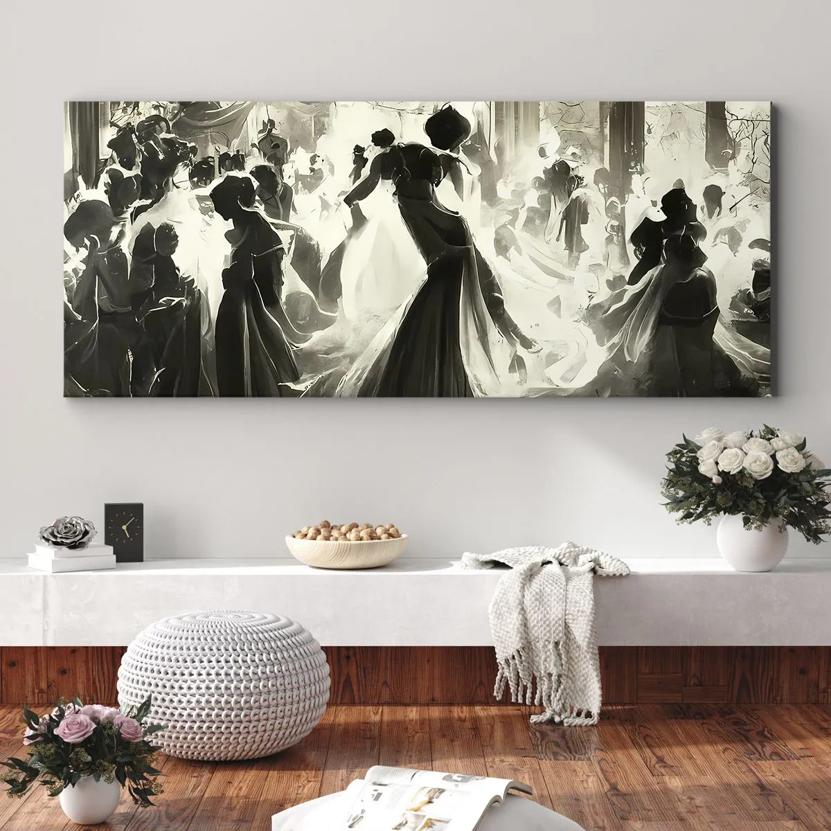 Bild auf Leinwand - Leinwandbild - Ball im Retro-Stil in Schwarz und Weiß - 160x50cm - Die große Maskerade - Moderne Wanddekoration für Wohnzimmer und Schlafzimmer ARTTOR