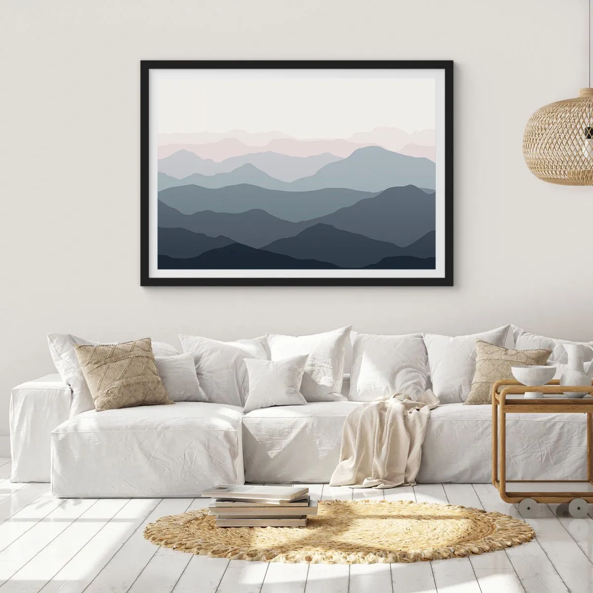 Poster in einem schwarzem Rahmen - Dezente Bergschichten in Grau- und Blautönen - 100x70cm - Wellen der Berge - Moderne Wanddekoration für Wohnzimmer und Schlafzimmer ARTTOR