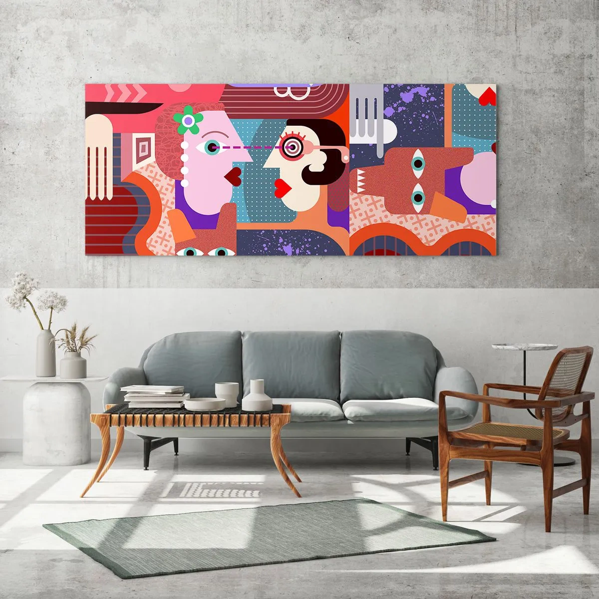 Glasbild - Bild auf glas - Abstrakte Figuren in lebendigen Farben - 140x50cm - Augenhöhe - Moderne Wanddekoration für Wohnzimmer und Schlafzimmer ARTTOR