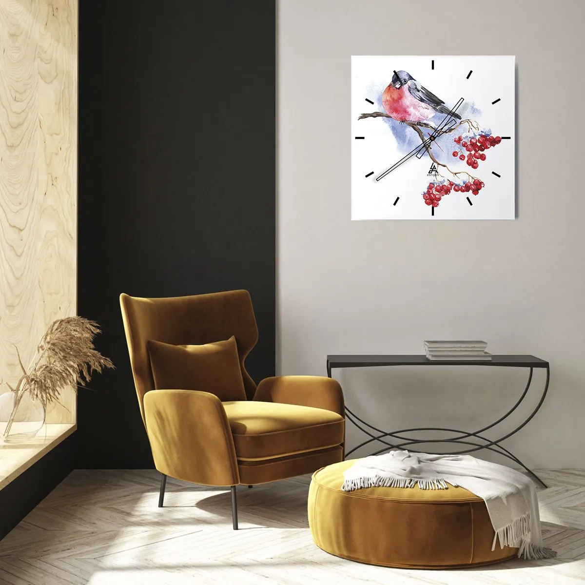 Wanduhr - Glasuhr - Vogel auf einem Zweig mit roten Früchten im Aquarellhintergrund - 30x30cm - Winter in Farbe - Moderne Wanddekoration für Wohnzimmer und Schlafzimmer ARTTOR