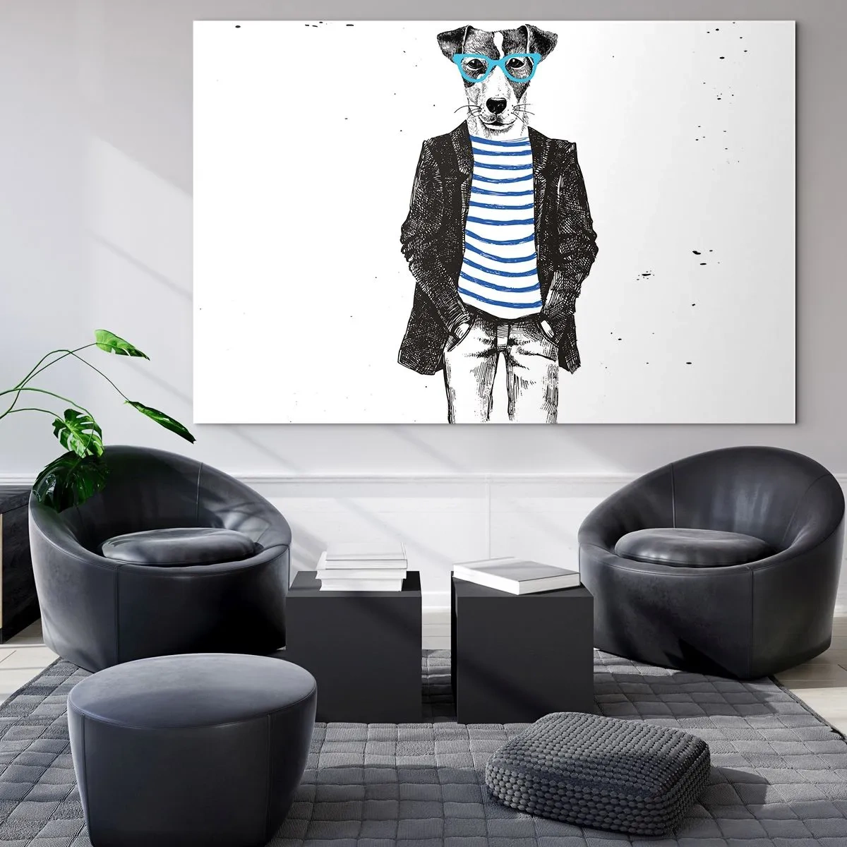Glasbild - Bild auf glas - Illustration eines Hundes mit Matrosenhemd und Brille auf weißem Hintergrund - 100x70cm - Auf den Charme des Hundes - Moderne Wanddekoration für Wohnzimmer und Schlafzimmer ARTTOR