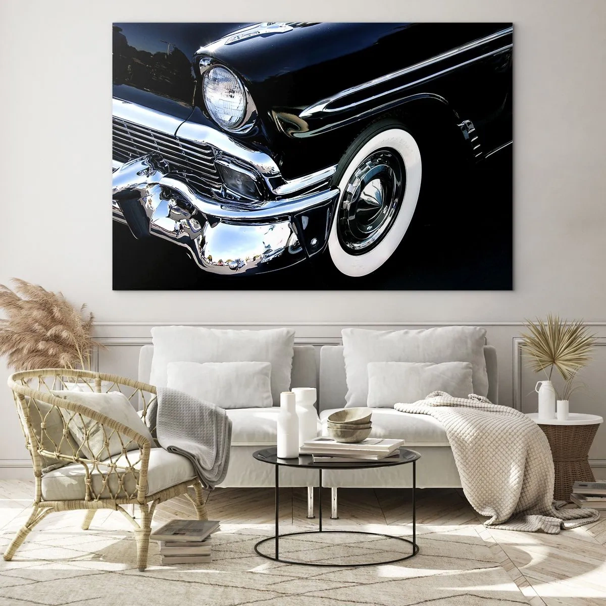Glasbild - Bild auf glas - Nahaufnahme eines schwarzen Oldtimers mit Chromdetails - 70x50cm - Klassiker in Silber, Schwarz und Weiß - Moderne Wanddekoration für Wohnzimmer und Schlafzimmer ARTTOR
