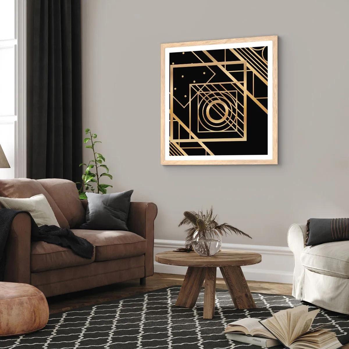 Poster in einem Rahmen aus heller Eiche - Goldene Geometrie - 50x50 cm