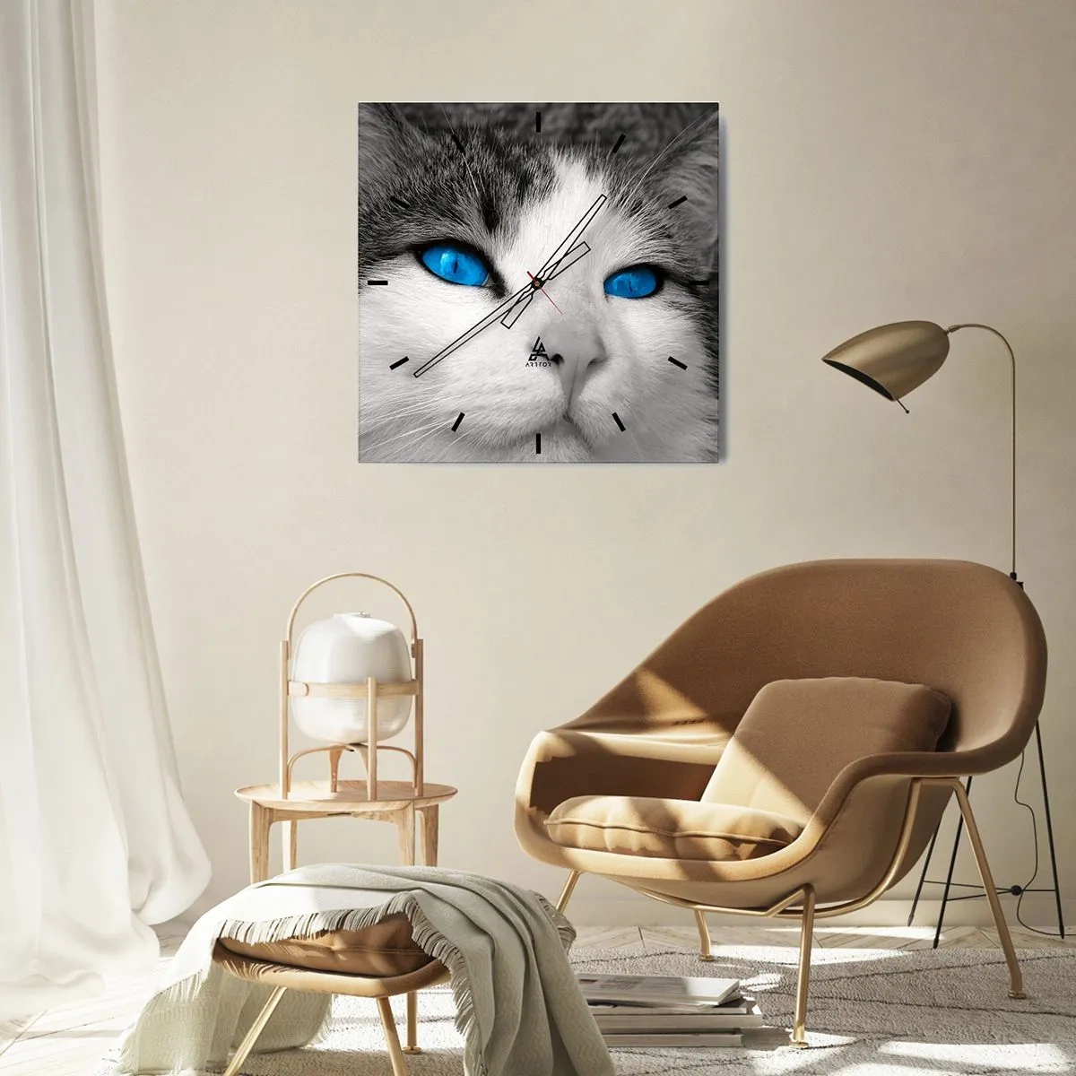 Wanduhr - Glasuhr - Porträt einer Katze mit blauen Augen im Schwarz-Weiß-Stil - 30x30cm - Ungewöhnlich blauäugig - Moderne Wanddekoration für Wohnzimmer und Schlafzimmer ARTTOR