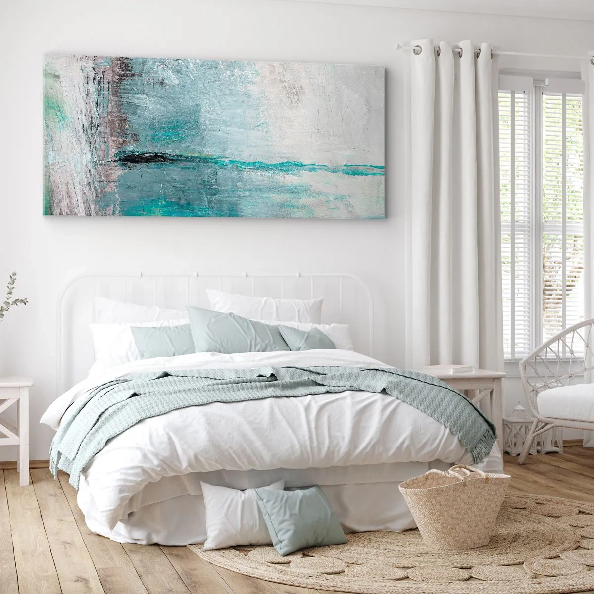 Bild auf Leinwand - Leinwandbild - Abstraktion in Türkis- und Grautönen - 160x50cm - Horizontal in Blau - Moderne Wanddekoration für Wohnzimmer und Schlafzimmer ARTTOR