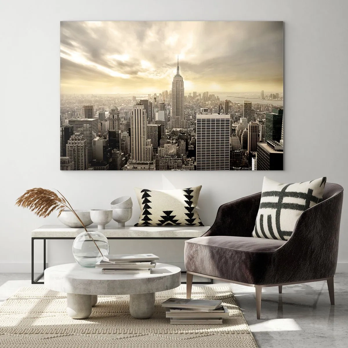 Glasbild - Bild auf glas - Stadtpanorama mit Wolkenkratzern und dem Empire State Building - 70x50cm - New York aus Grau - Moderne Wanddekoration für Wohnzimmer und Schlafzimmer ARTTOR