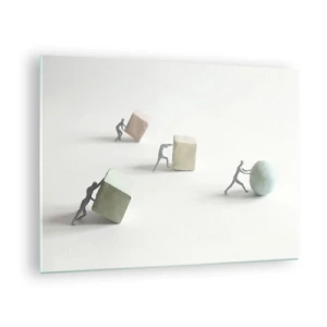 Glasbild - Bild auf glas - Miniaturfiguren rollen und schieben geometrische Formen. - 70x50cm - Pures Leben - Moderne Wanddekoration für Wohnzimmer und Schlafzimmer ARTTOR