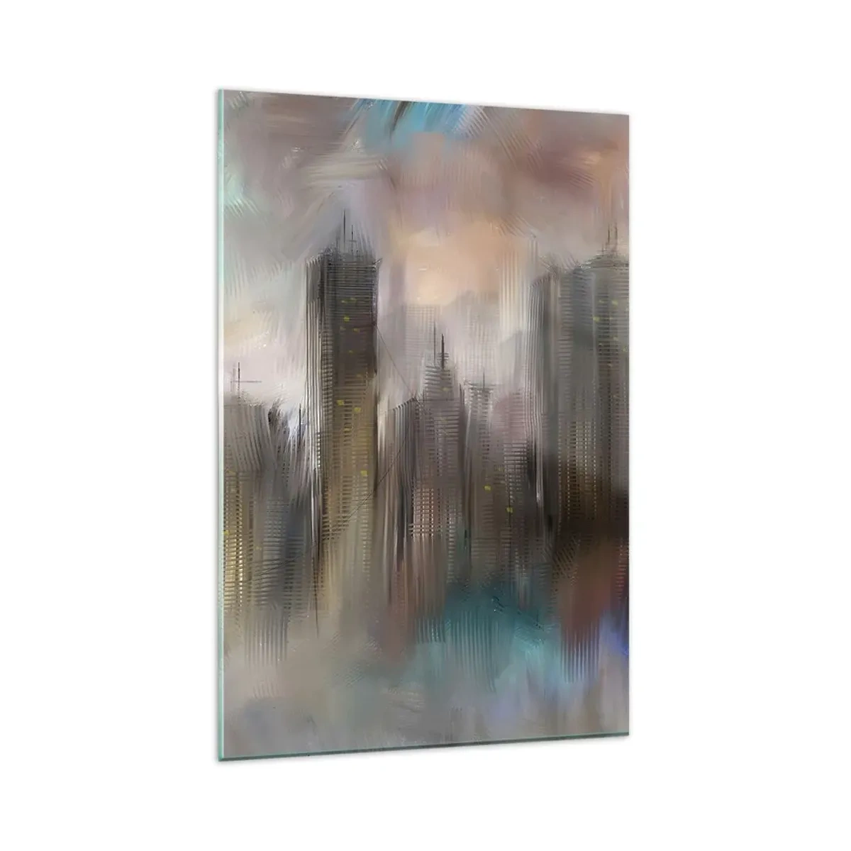 Glasbild - Bild auf glas - Eine künstlerische Vision einer Stadtlandschaft mit Wolkenkratzern in Pastellfarben. - 80x120cm - Eine Komposition aus Stahl, Stein und Nebel - Moderne Wanddekoration für Wohnzimmer und Schlafzimmer ARTTOR