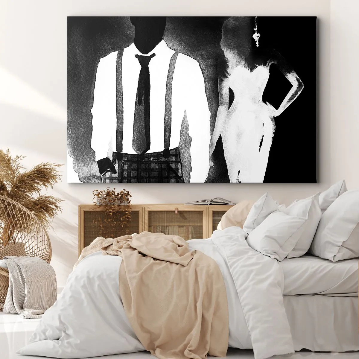 Bild auf Leinwand - Leinwandbild - Charaktere im Noir-Stil, schwarz-weiße Eleganz und Mysterium - 70x50cm - In Noir-Atmosphäre - Moderne Wanddekoration für Wohnzimmer und Schlafzimmer ARTTOR