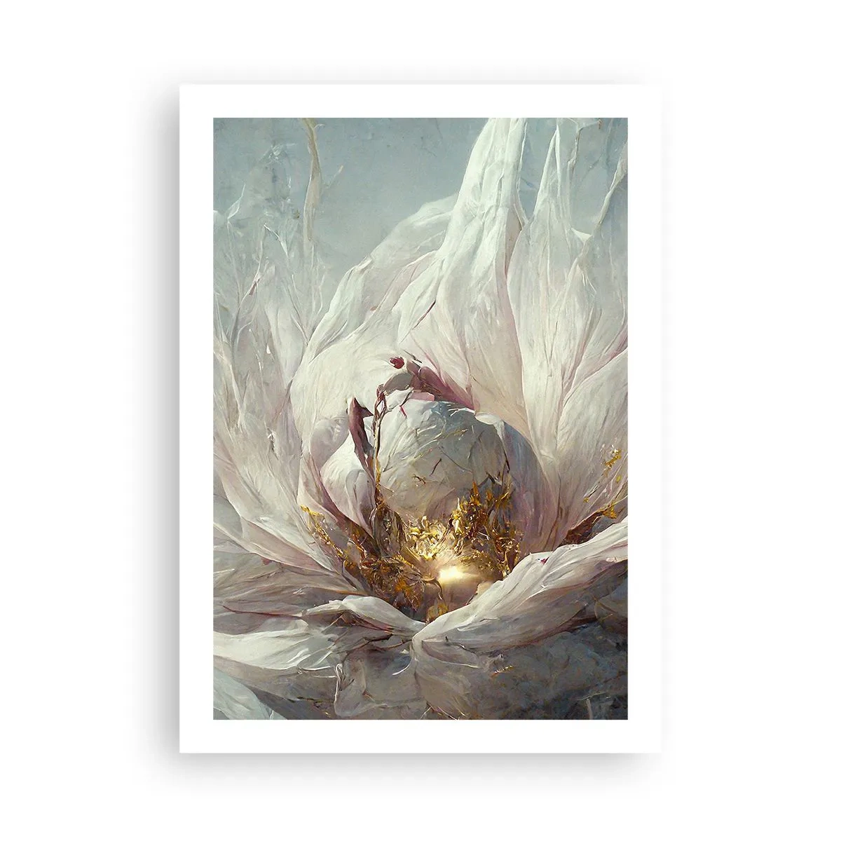 Poster - Eine subtile Abstraktion mit einem Blumenmotiv in zarten Weiß- und Goldtönen. - 50x70cm - Sie blüht alle hundert Jahre einmal - Moderne Wanddekoration für Wohnzimmer und Schlafzimmer ARTTOR