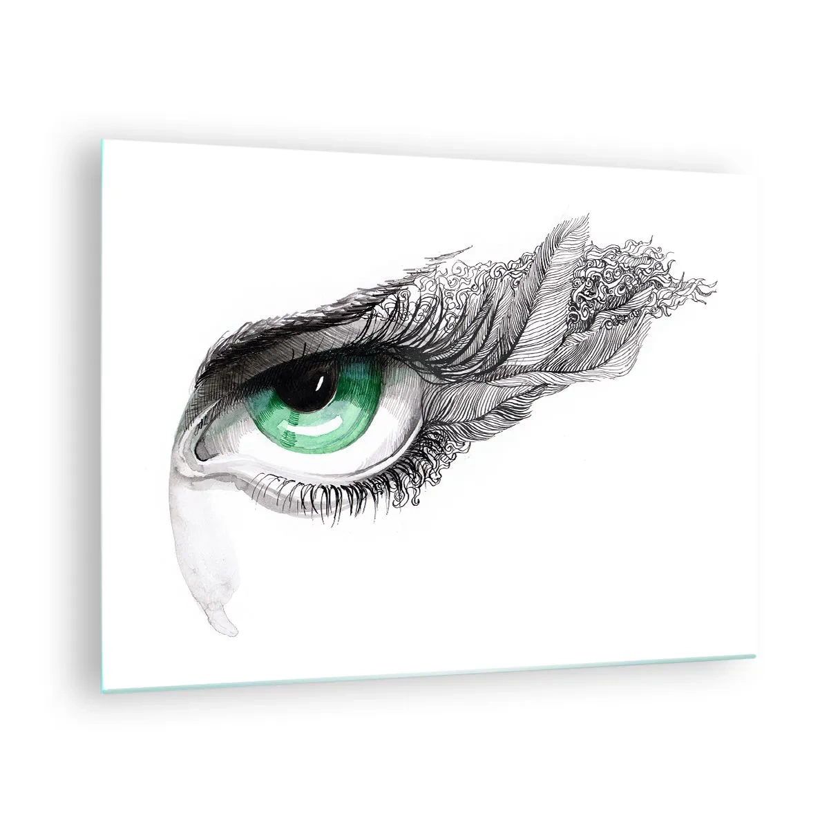 Glasbild - Bild auf glas - Grünes Auge mit Federdetails und abstrakten Mustern - 70x50cm - Schön und bereit zum Angriff - Moderne Wanddekoration für Wohnzimmer und Schlafzimmer ARTTOR