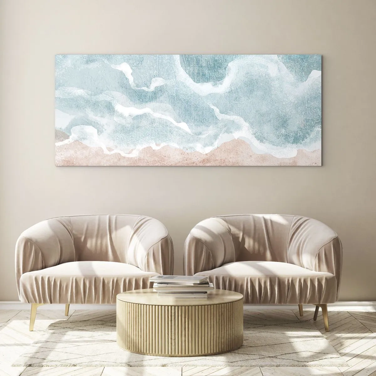 Glasbild - Bild auf glas - Abstrakter Strand mit Wellen in Blau- und Beigetönen - 160x50cm - Cloud-Abstraktion - Moderne Wanddekoration für Wohnzimmer und Schlafzimmer ARTTOR