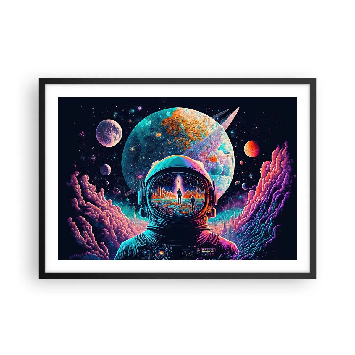 Poster in einem schwarzem Rahmen - Astronaut im Weltraum mit einer farbenfrohen Planetenlandschaft - 70x50cm - Philosophen haben nicht davon geträumt - Moderne Wanddekoration für Wohnzimmer und Schlafzimmer ARTTOR