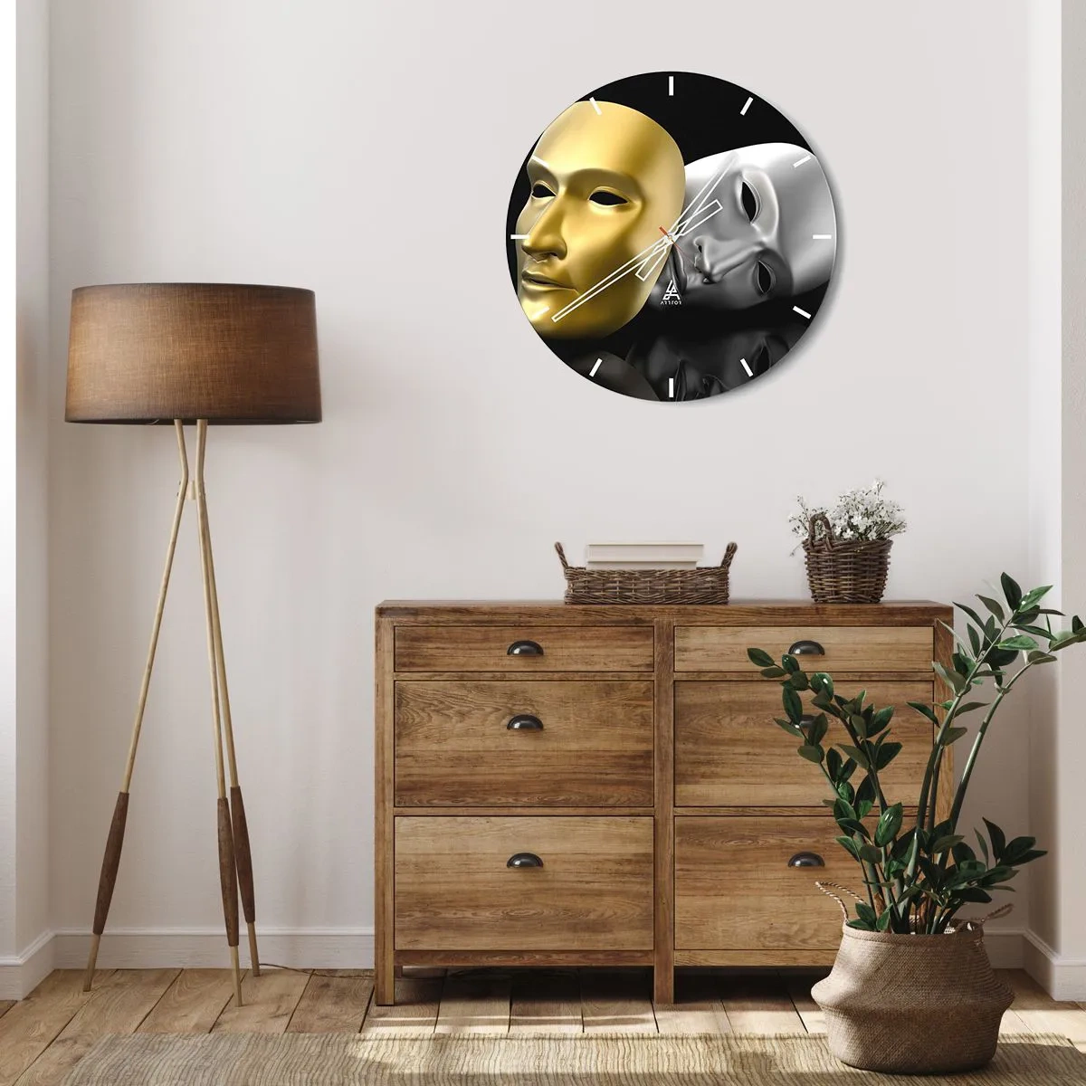 Wanduhr - Glasuhr - Gold- und Silber-Theatermaske auf schwarzem Hintergrund - 30x30cm - Das Leben ist wie ein Theater - Moderne Wanddekoration für Wohnzimmer, Küche und Schlafzimmer ARTTOR
