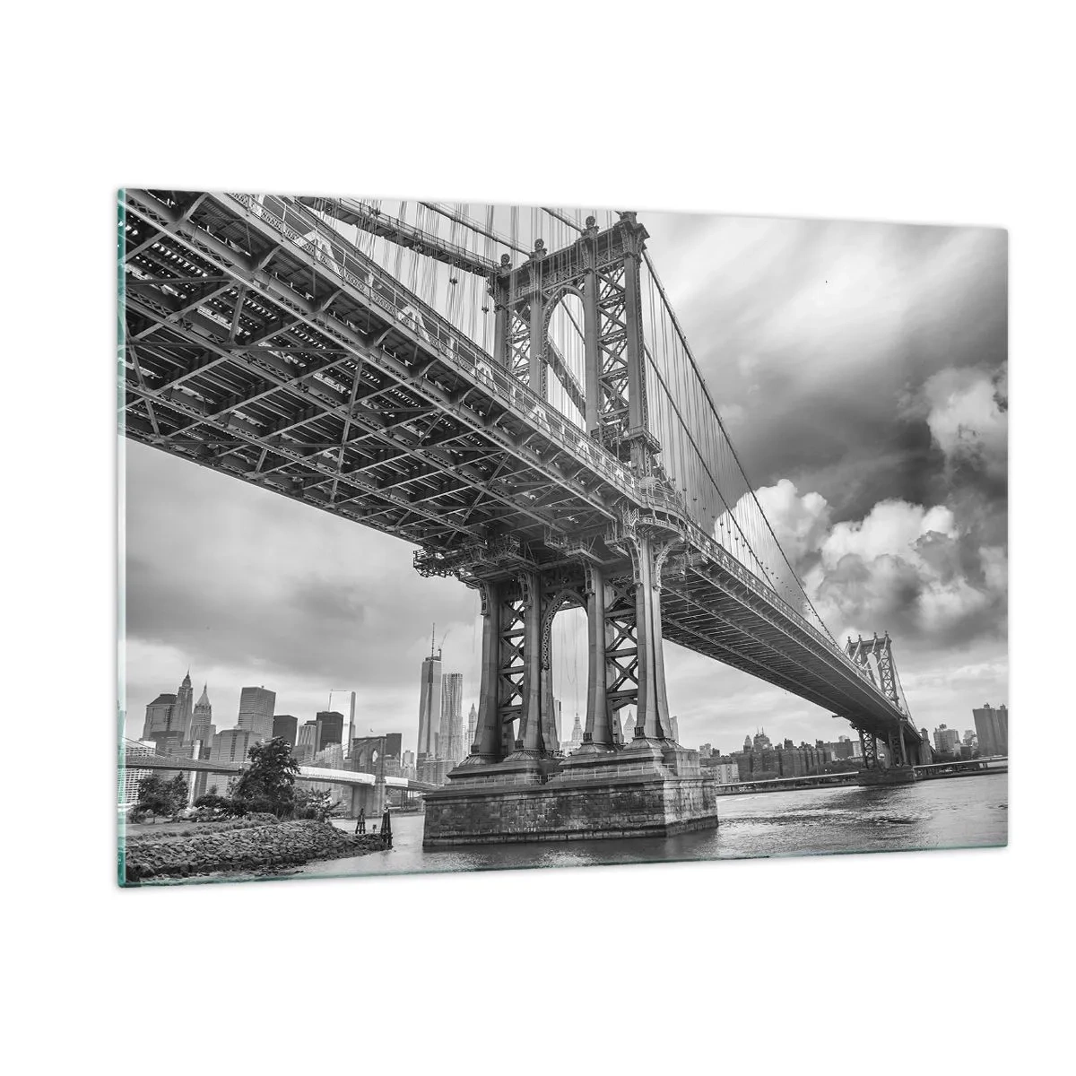 Glasbild - Bild auf glas - Eine Hängebrücke in monochromer Umgebung - 120x80cm - Ins Herz der Stadt - Moderne Wanddekoration für Wohnzimmer und Schlafzimmer ARTTOR