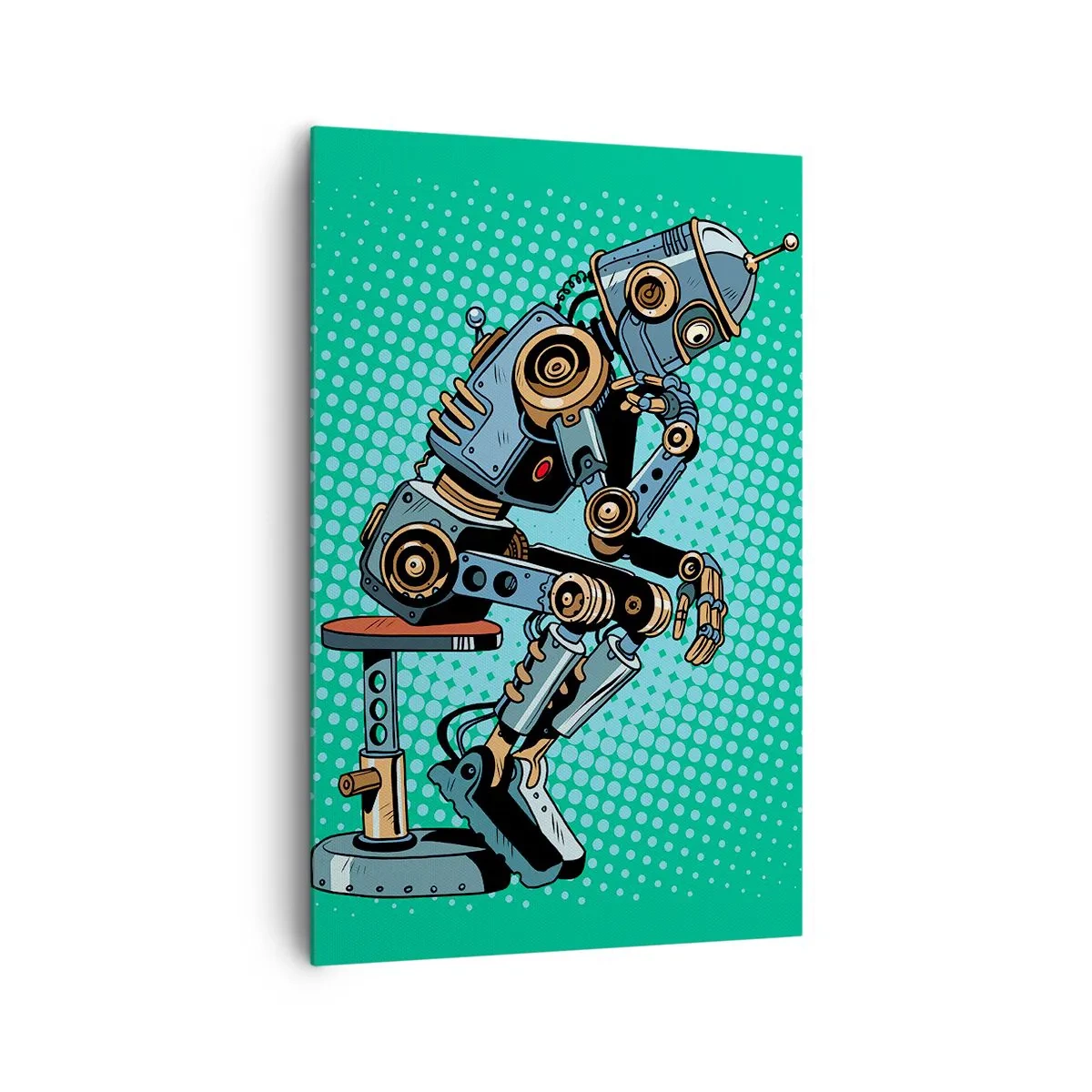 Bild auf Leinwand - Leinwandbild - Denkerroboter im Pop-Art-Stil auf grünem Hintergrund - 80x120cm - Über der Essenz des Seins - Moderne Wanddekoration für Wohnzimmer und Schlafzimmer ARTTOR