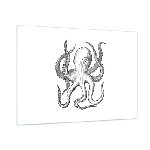 Glasbild - Bild auf glas - Schwarz-weiße Zeichnung eines Oktopus auf weißem Hintergrund - 100x70cm - Mit den Wellen tanzen - Moderne Wanddekoration für Wohnzimmer und Schlafzimmer ARTTOR