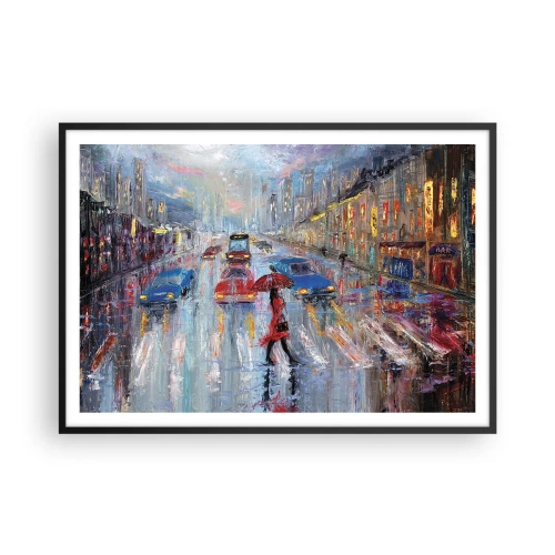 Poster in einem schwarzem Rahmen - Eine Frau mit einem Regenschirm auf einer verregneten Straße im Neonlicht. - 100x70cm - Regnerischer Nachmittag in der Stadt - Moderne Wanddekoration für Wohnzimmer und Schlafzimmer ARTTOR