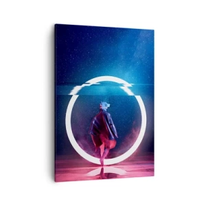 Bild auf Leinwand - Leinwandbild - Eine Figur in einer futuristischen Umgebung mit einem Neonkreis - 50x70cm - Zwischen den Welten - Moderne Wanddekoration für Wohnzimmer und Schlafzimmer ARTTOR