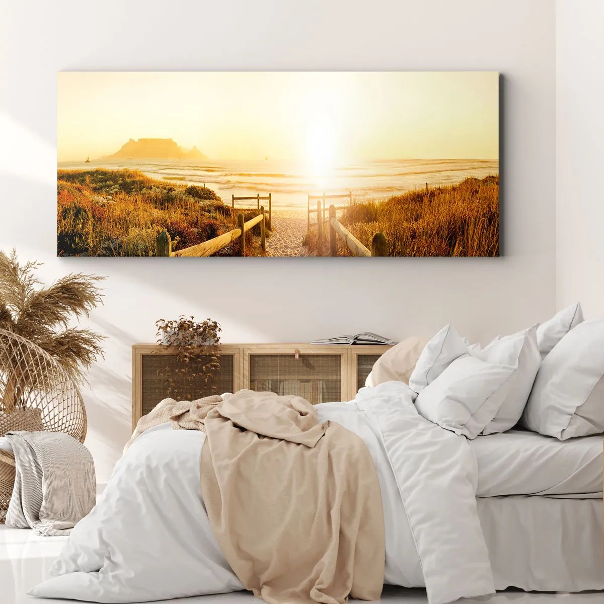 Bild auf Leinwand - Leinwandbild - Weg zum Strand bei goldenem Sonnenuntergang - 160x50cm - Über die Düne, der Sonne entgegen - Moderne Wanddekoration für Wohnzimmer und Schlafzimmer ARTTOR
