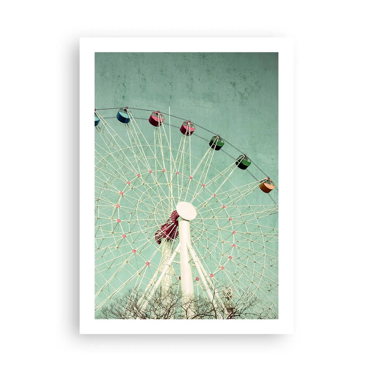 Poster - Ein Retro-Riesenrad vor einem mintfarbenen Himmel - 50x70cm - Wir laden zum Spiel ein - Moderne Wanddekoration für Wohnzimmer und Schlafzimmer ARTTOR