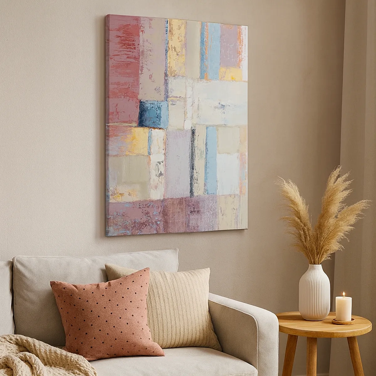 Bild auf Leinwand - Leinwandbild - Geometrische Komposition in Pastellfarben - 50x70cm - Ruhe der Geometrie - Moderne Wanddekoration für Wohnzimmer und Schlafzimmer ARTTOR