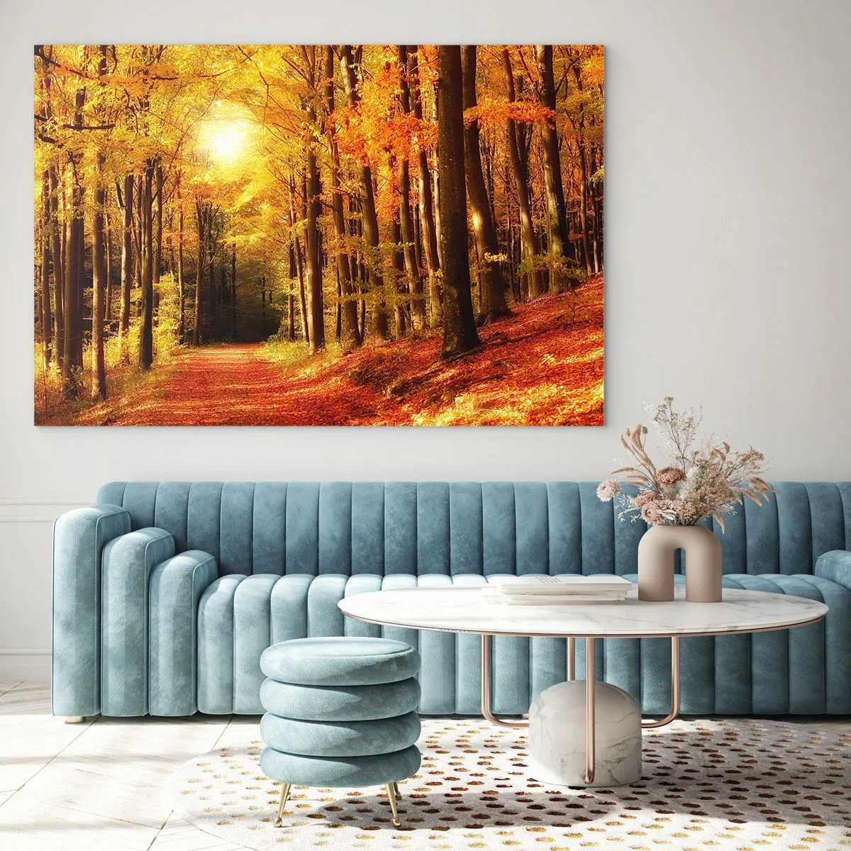 Glasbild - Bild auf glas - Herbstwald in goldenes Sonnenlicht getaucht - 70x50cm - Goldener Herbst auf einer Forststraße - Moderne Wanddekoration für Wohnzimmer und Schlafzimmer ARTTOR