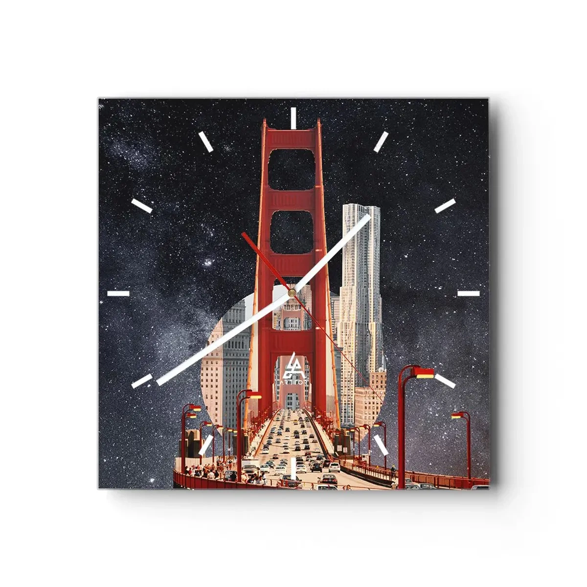 Wanduhr - Glasuhr - Die Golden Gate Bridge mit der Stadt im Hintergrund vor einem Sternenhimmel - 30x30cm - Immer im Mittelpunkt - Moderne Wanddekoration für Wohnzimmer und Schlafzimmer ARTTOR