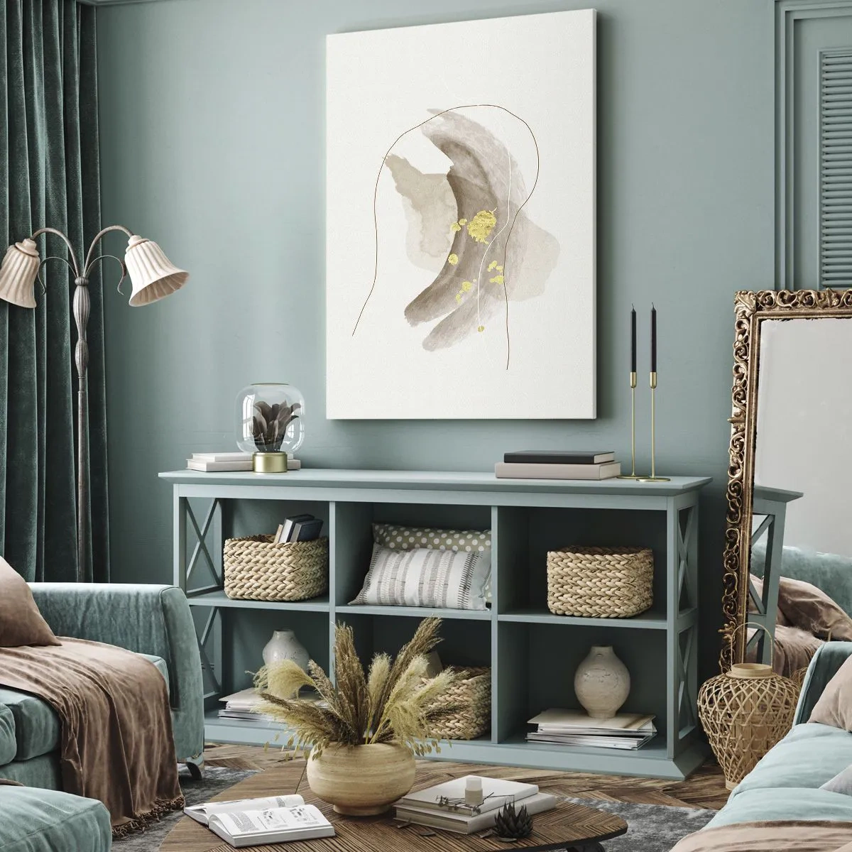 Bild auf Leinwand - Leinwandbild - Eine abstrakte Komposition in Beige- und Goldtönen. - 70x100cm - Im Weltraum begegnet - Moderne Wanddekoration für Wohnzimmer und Schlafzimmer ARTTOR