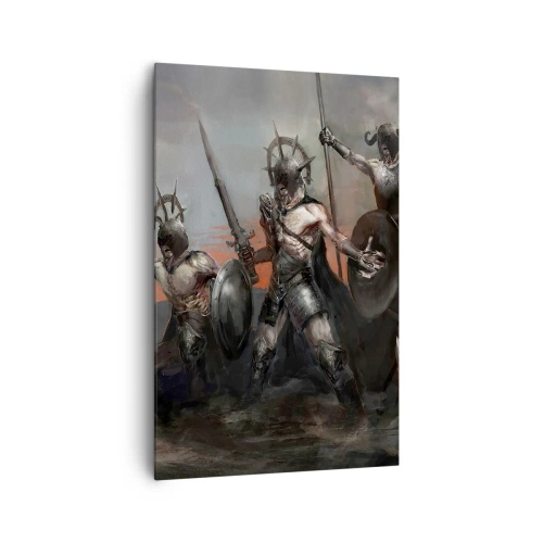 Bild auf Leinwand - Leinwandbild - Eine Gruppe von Kriegern in Rüstung mit Speeren vor dem Hintergrund des Sonnenuntergangs - 80x120cm - Mit oder auf einem Schild - Moderne Wanddekoration für Wohnzimmer und Schlafzimmer ARTTOR