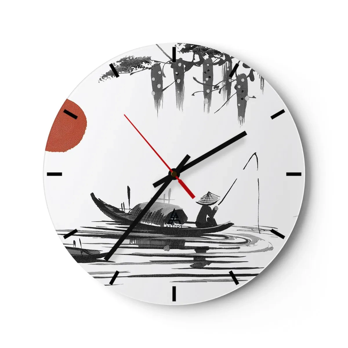Wanduhr - Glasuhr - Traditionelle Darstellung eines Fischers in einem Boot vor einer roten Sonne - 30x30cm - Asiatischer Nachmittag - Moderne Wanddekoration für Wohnzimmer, Küche und Schlafzimmer ARTTOR