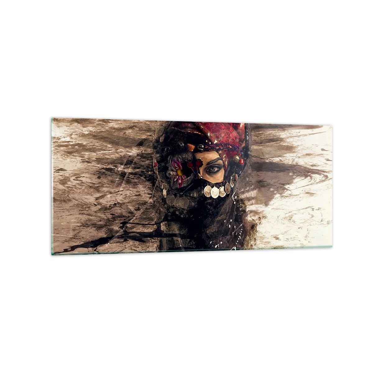 Glasbild - Bild auf glas - Künstlerisches Porträt einer Frau in orientalischer Kleidung vor abstraktem Hintergrund. - 120x50cm - Gelinde gesagt besorgniserregend - Moderne Wanddekoration für Wohnzimmer und Schlafzimmer ARTTOR