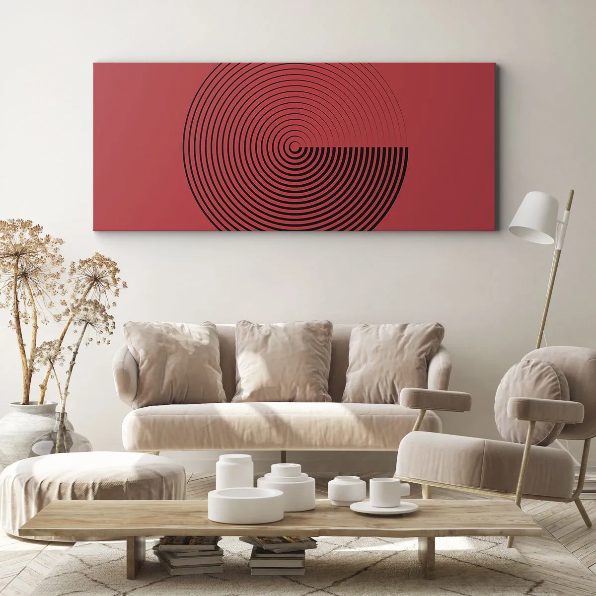 Bild auf Leinwand - Leinwandbild - Konzentrische Kreise auf rotem Hintergrund - 120x50cm - Kreisbewegung - Moderne Wanddekoration für Wohnzimmer und Schlafzimmer ARTTOR