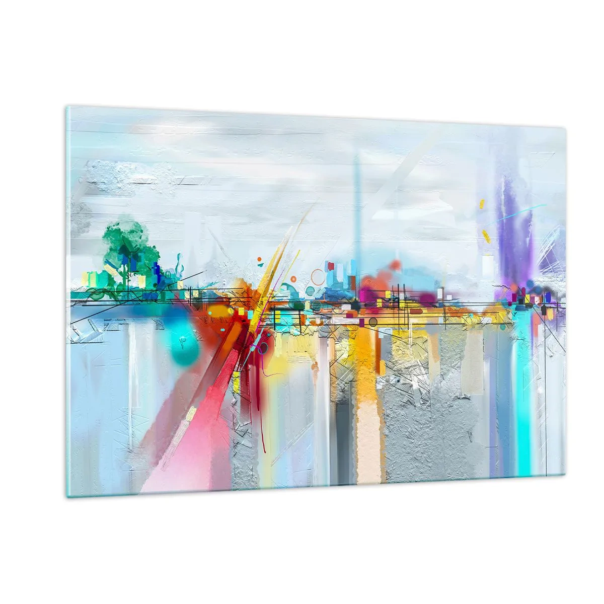 Glasbild - Bild auf glas - Abstrakte Brücke in leuchtenden Farben über einem Fluss mit pastellfarbenem Hintergrund - 120x80cm - Freudenbrücke über den Fluss des Lebens - Moderne Wanddekoration für Wohnzimmer und Schlafzimmer ARTTOR