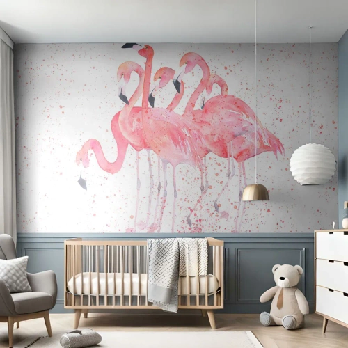 Maßgeschneiderte Fototapete Standard Eco - Rosa Ensemble - Flamingos, Vögel, Grafik