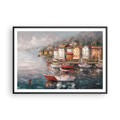 Poster in einem schwarzem Rahmen - Küstenlandschaft mit Booten und bunten Häusern - 100x70cm - Romantische Oase - Moderne Wanddekoration für Wohnzimmer und Schlafzimmer ARTTOR